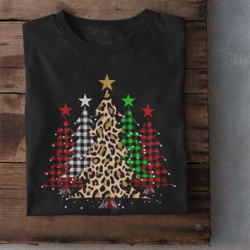 Merry Christmas Trees with Buffalo Plaid Leopard Design T Shirt