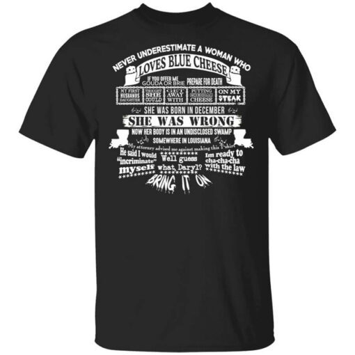 Never Underestimate A Woman Who Loves Blue Cheese And Was Born In December Shirt.jpg