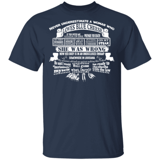 Never Underestimate A Woman Who Loves Blue Cheese She Was Wrong T Shirt Navy.png