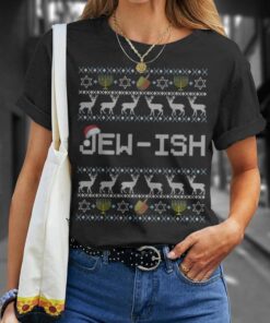 Fun Ugly Hanukkah Sweater Jew-Ish Santa Hat Merry Christmas T-Shirt