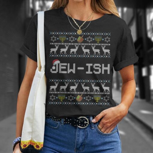 Fun Ugly Hanukkah Sweater Jew-Ish Santa Hat Merry Christmas T-Shirt