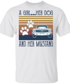 A girl her dog and her Mustang shirt